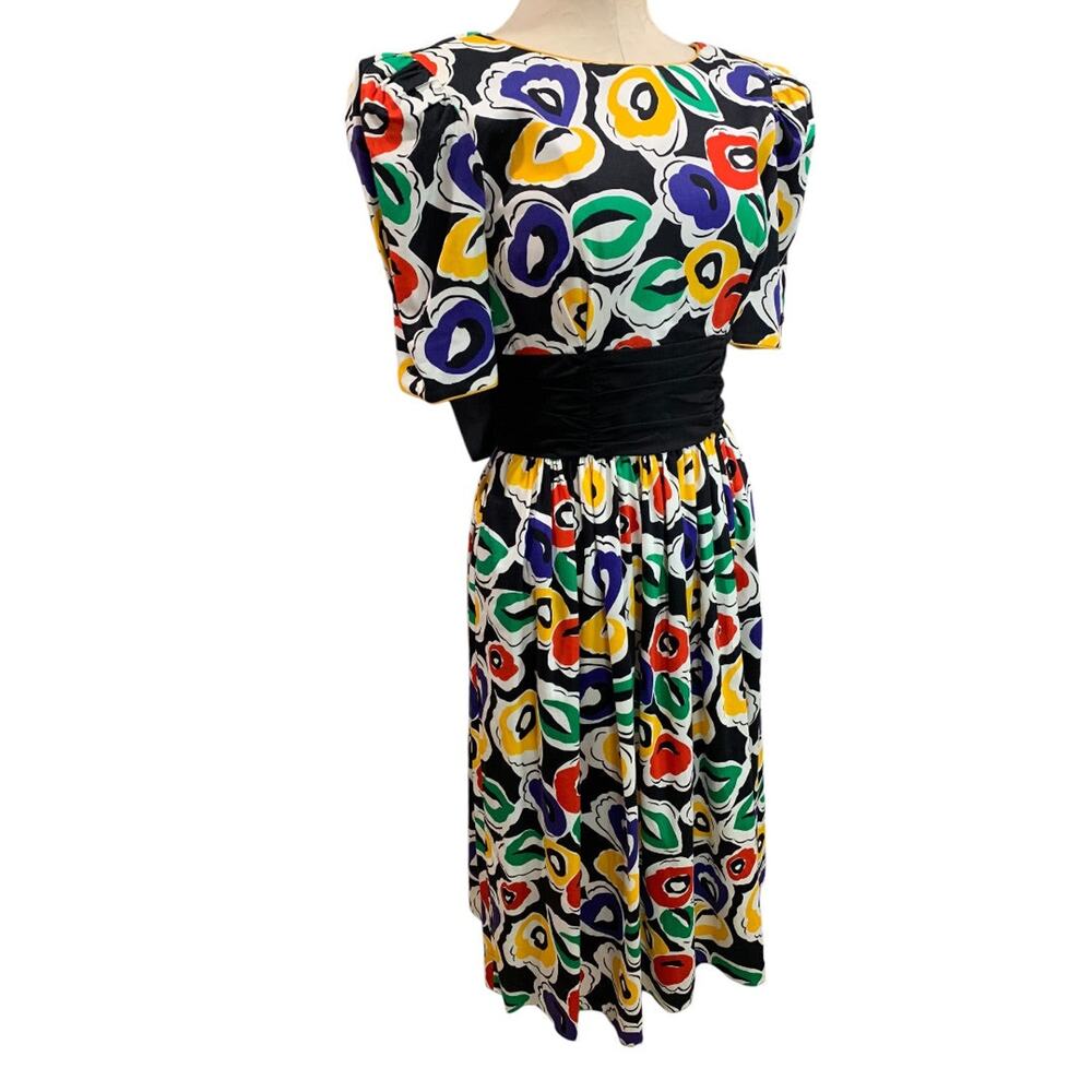 Size 6 David Warren‎ Vintage 1980s Colorful Print Midi Dress Pockets Cotton